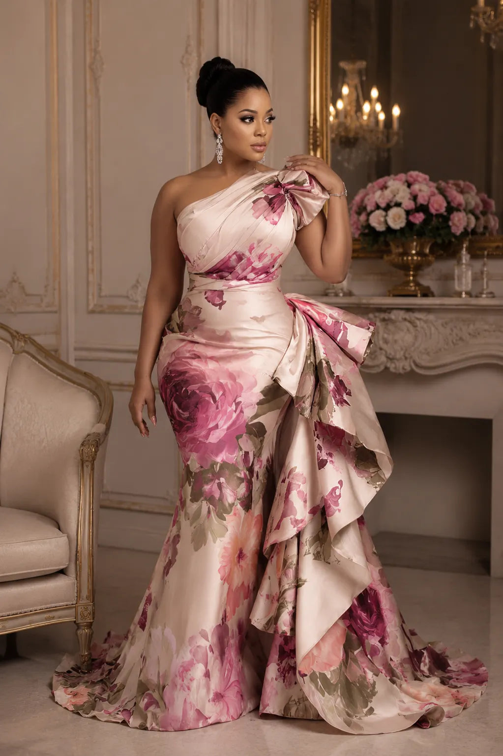 Pink Oblique Collar One Shoulder Ruffle Elegant Satin Maxi Dresses