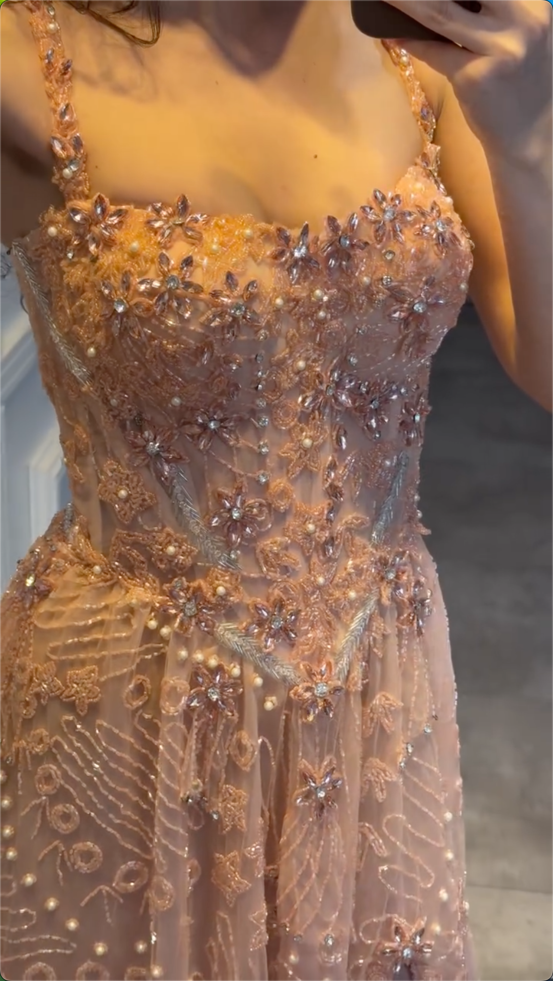 Multi-Color Floral Crystal Beaded Spaghetti Strap High Split Tulle Maxi Evening Dress, Formal Prom Pageant Gown