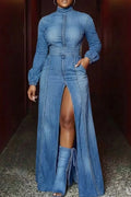 Women's Casual High Slit Long Sleeved Denim Maxi Skirt