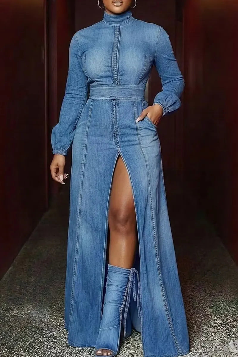 Women's Casual High Slit Long Sleeved Denim Maxi Skirt