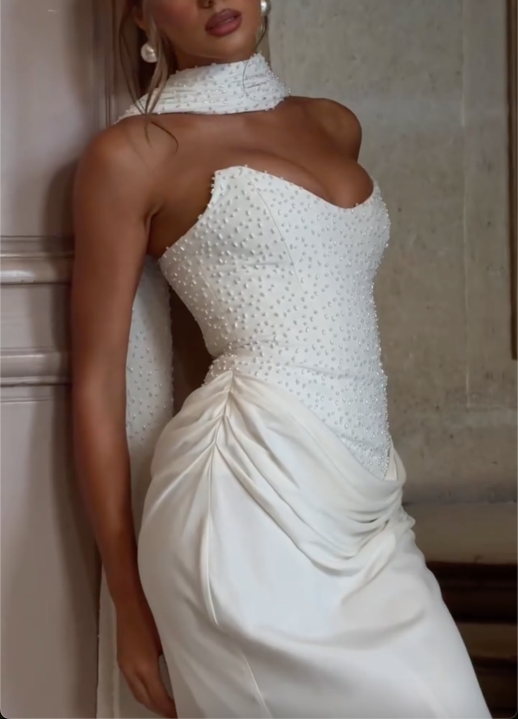 White Strapless Pearl Beaded Corset Draped Satin Mermaid Maxi Wedding Dress With Matching Beaded Scarf