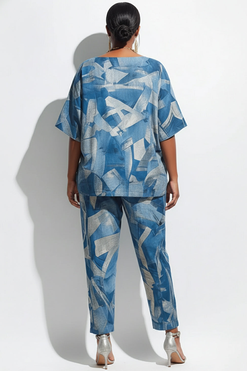 Xpluswear Design Plus Size Daily Blue Denim Print Round Neck Short Sleeve Pocket Two Piece Pant Sets