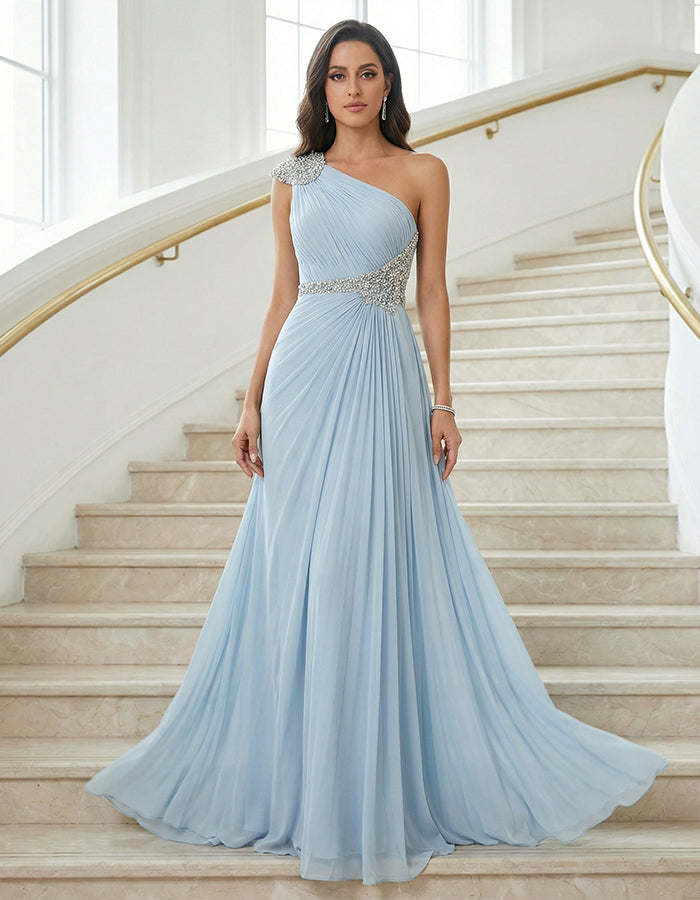 Light Blue Chiffon One Shoulder Sequins Maxi Dress