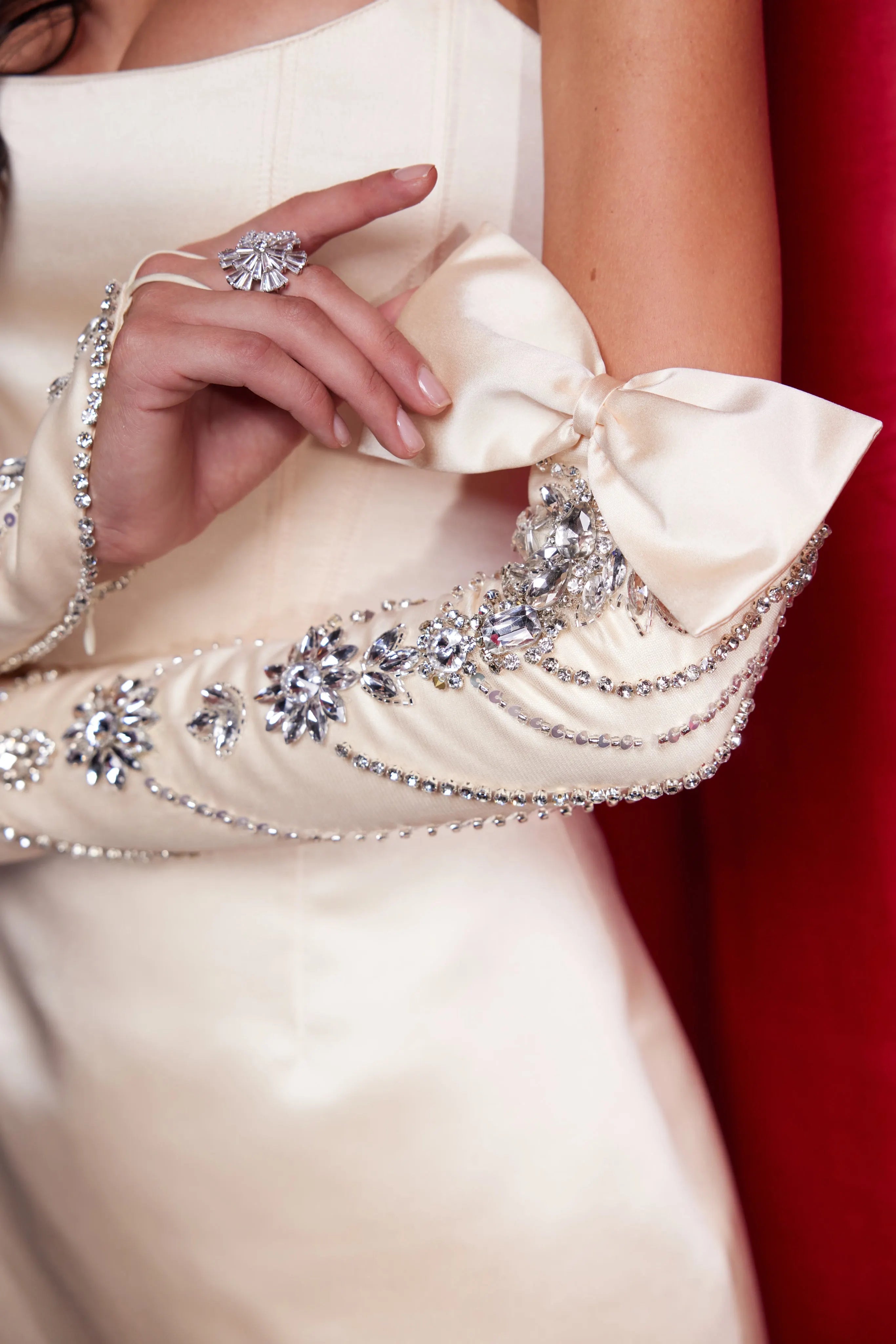 Ivory Satin Strapless Crop Top Mini Dress Set with Crystal-Embellished Bow Gloves