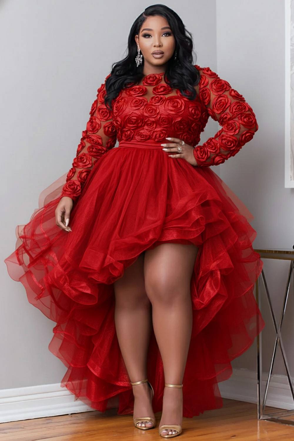 Party Gold Round Neck Long Sleeve 3D Elegant High Low Hem Tulle Mini Dresses