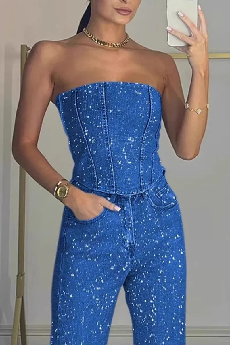 Ladies' Sexy Off Shoulder Sparkling Rhinestone Denim Top & Jeans