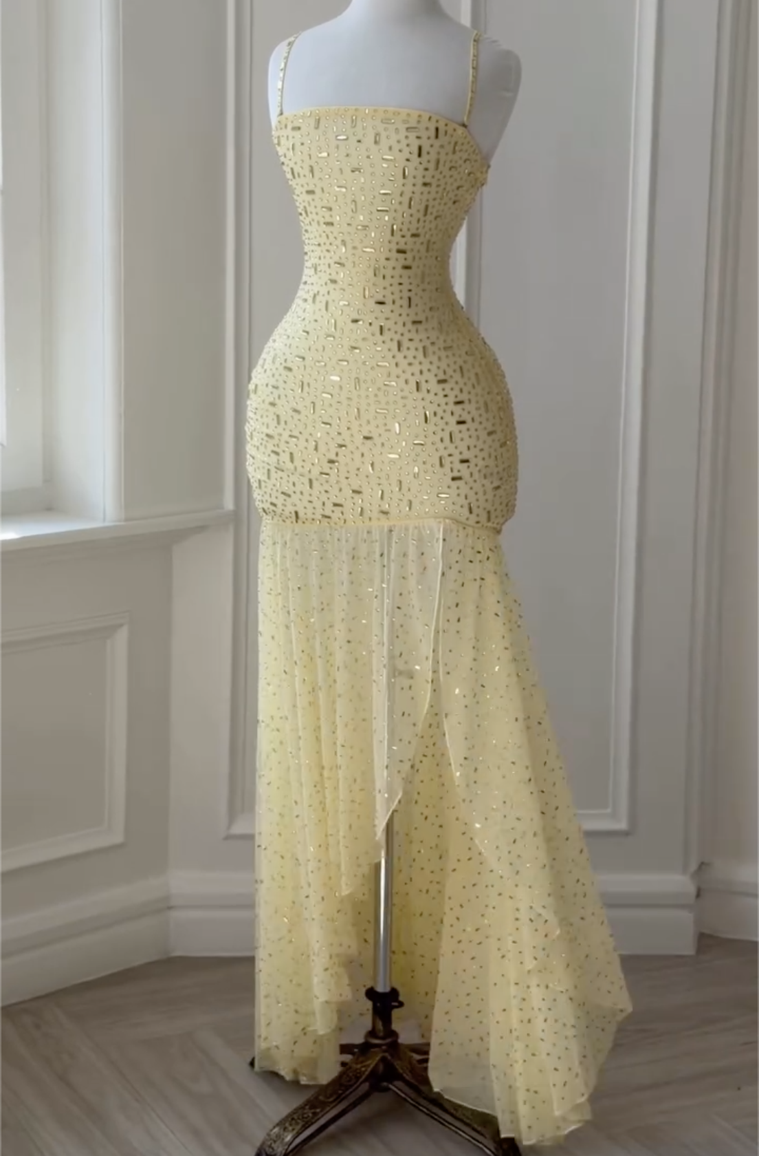 Yellow Square-Neck Crystal Mermaid Maxi Dress with Detachable Overskirt - Formal Evening Gown