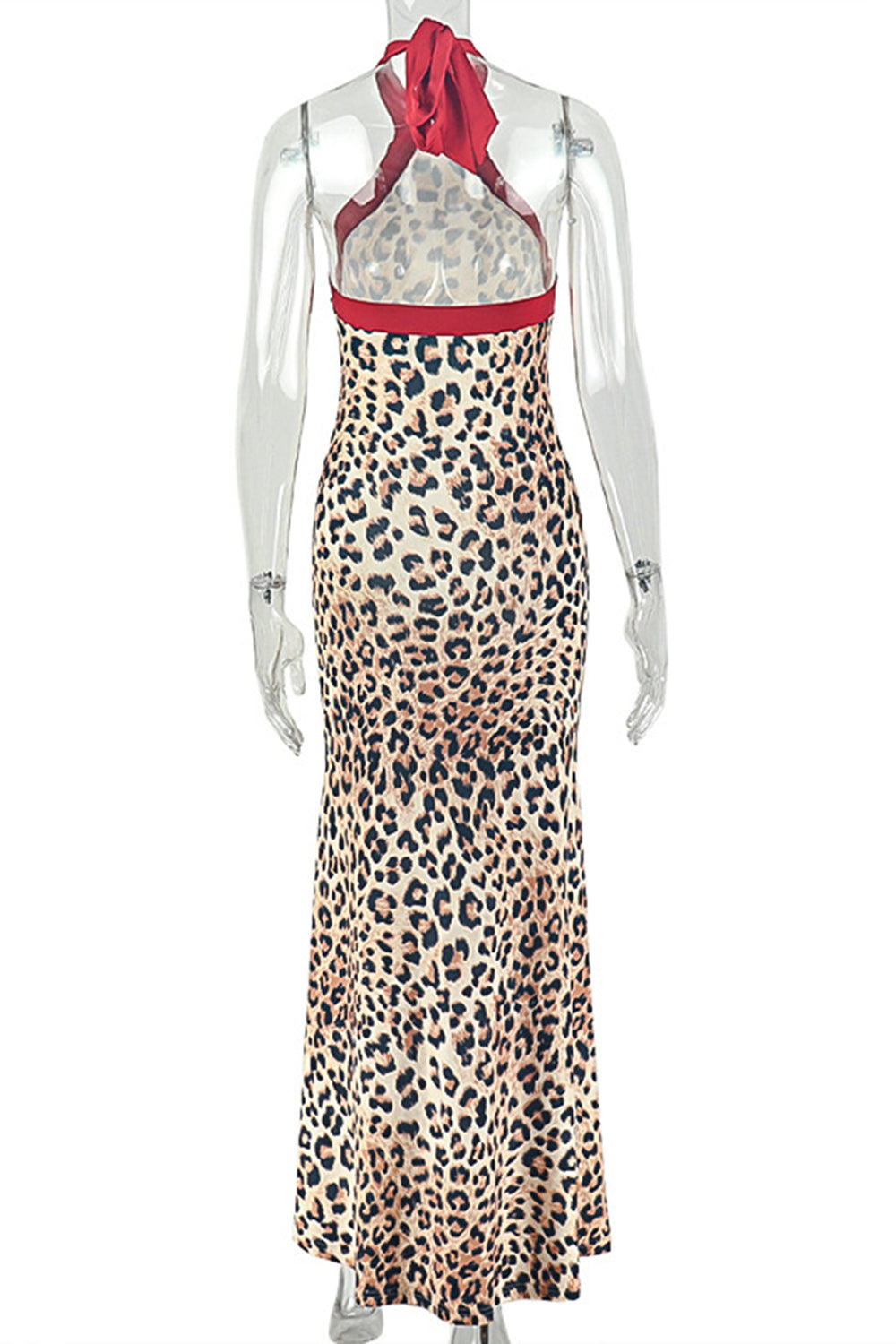 Halter Neck Contrast Piping Leopard Print Fishtail Casual Maxi Dresses-Brown