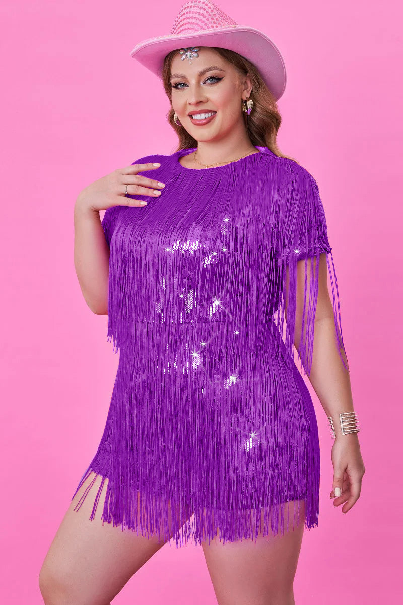 Hot Pink Party Short Sleeve Fringe Sequin Mini Dress