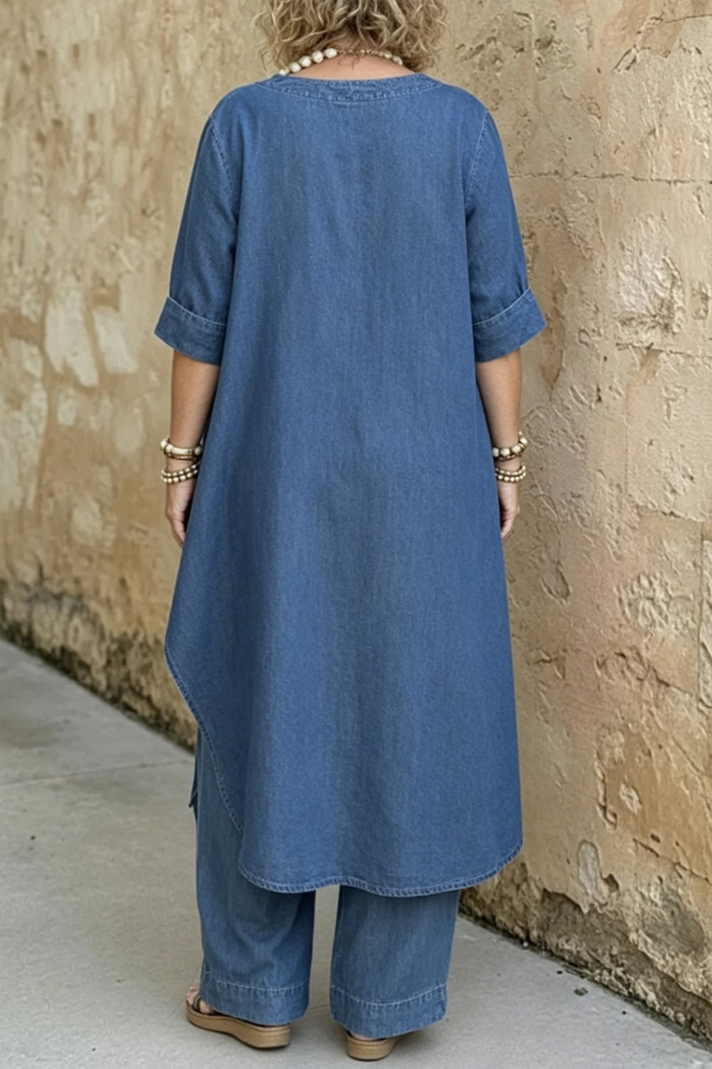 Plus Size Daily Casual Blue V Neck Half Sleeve Asymmetric Hem Wide Leg Tencel Denim Two Piece Pant Sets