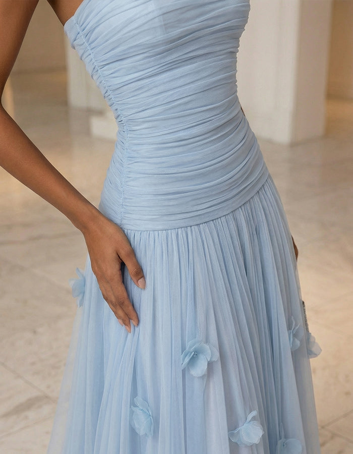 Solid Color Strapless 3D Floral Tulle Maxi Dress
