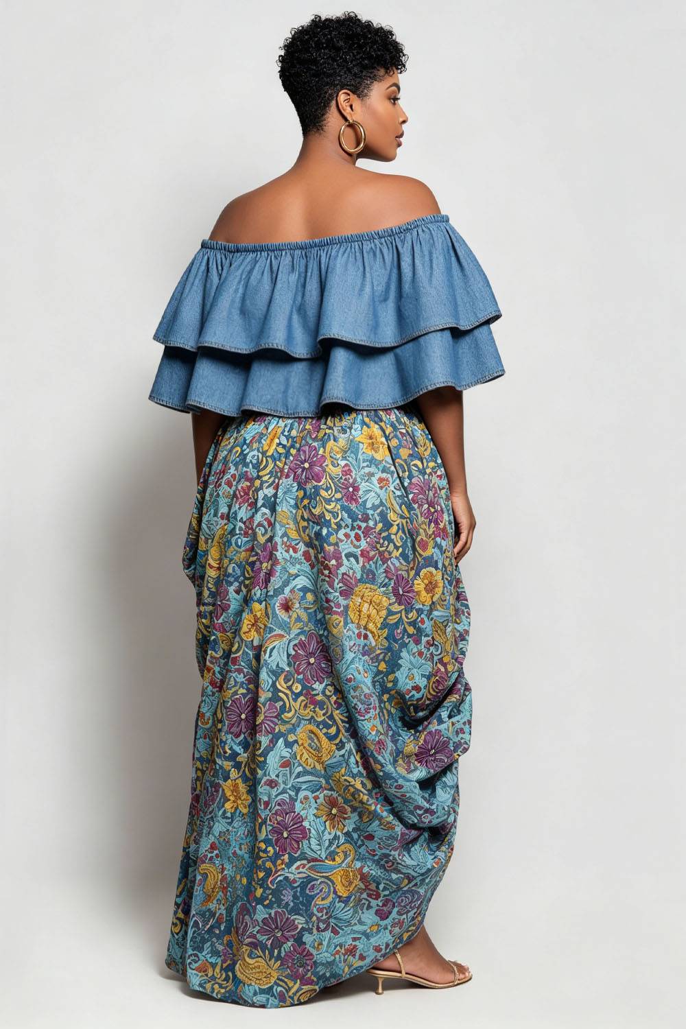 Xpluswear Design Plus Size Vacation Casual Light Blue Graphic Off The Shoulder Short Sleeve Split Ruffle Tencel Denim Two Piece Skirt Sets
