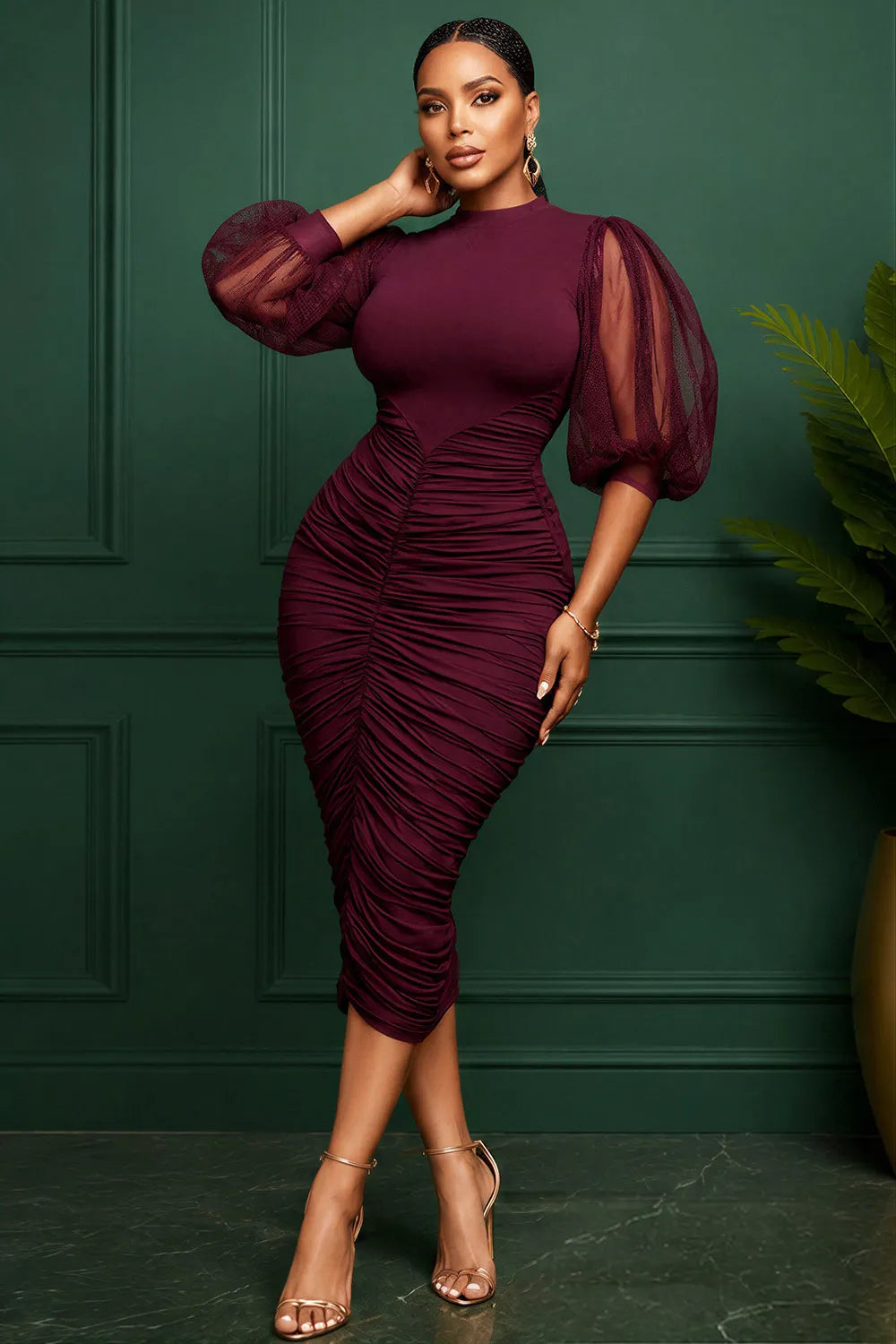 Cocktail Party Burgundy Round Neck Puff Sleeve Short Sleeve Fold Bodycon Tulle Midi Dresses