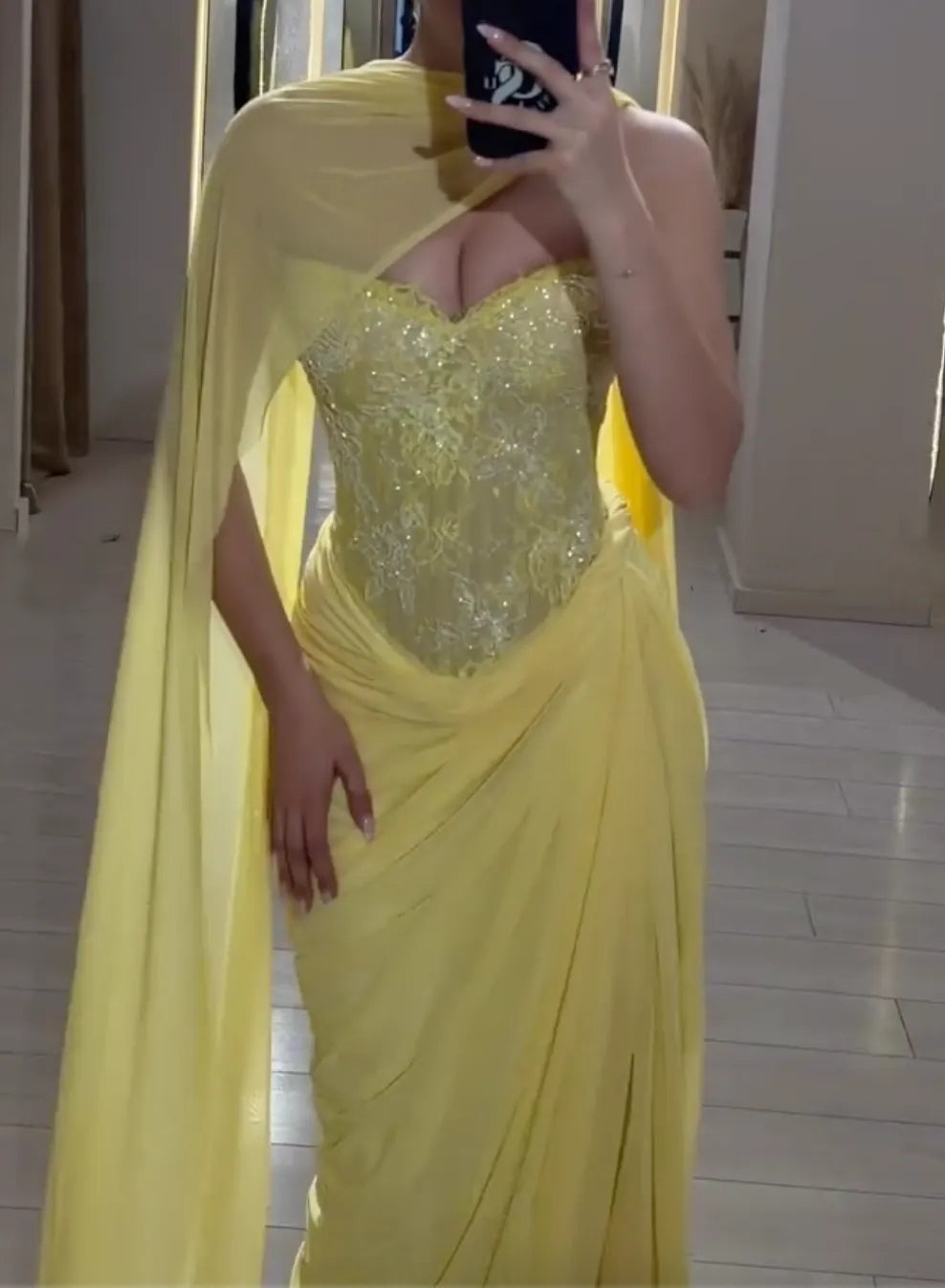 Yellow Sweetheart Neck Lace Corset Maxi Dress - High Slit with Chiffon Cape Formal Gown