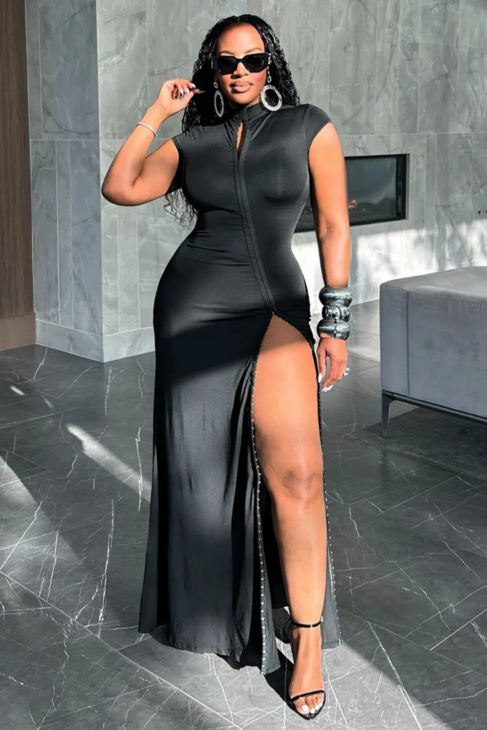 Mock Neck Cap Sleeve Cut Out High Slit Casual Maxi Dresses-Black [Pre Order]