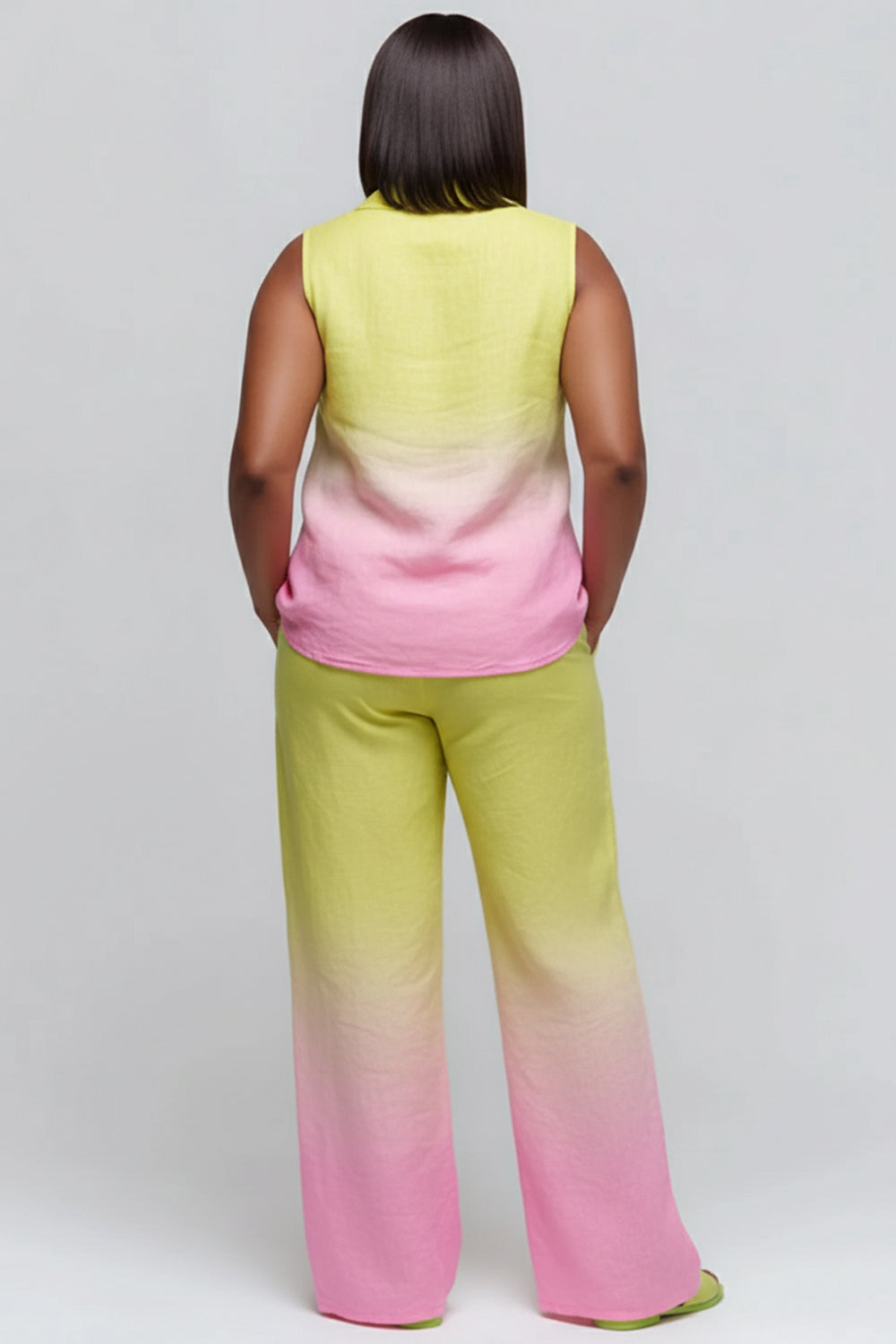 Business Casual Multicolor Gradient Shirt Collar Pocket Linen Two Piece Pant Sets