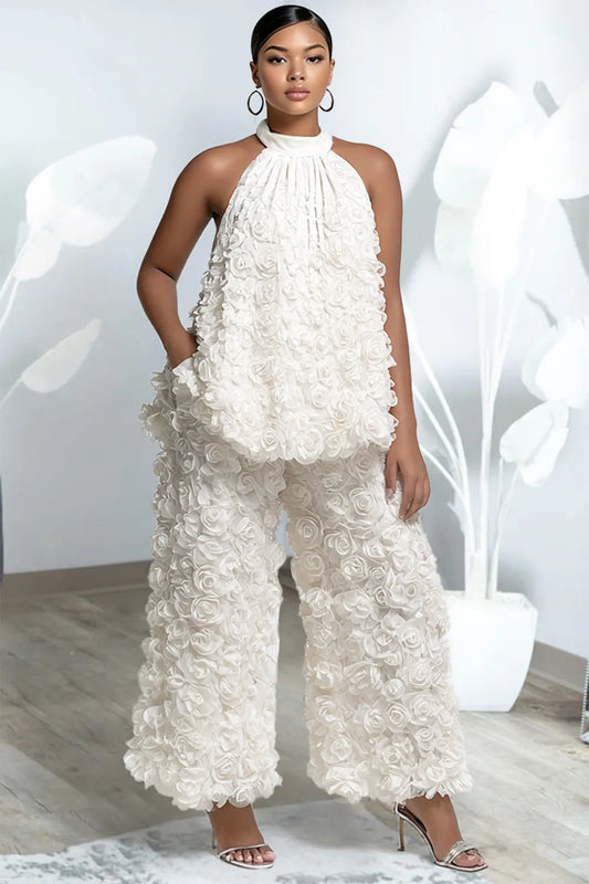 Cocktail Party White Halter Collar 3D Pocket Tulle Two Piece Pant Sets