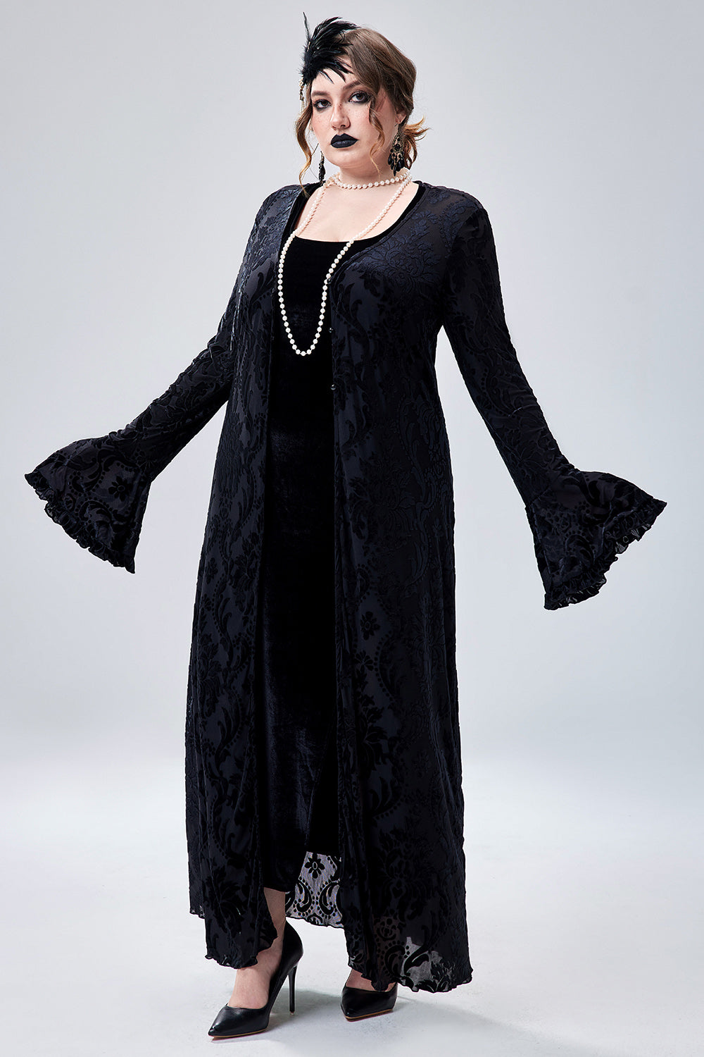 Halloween Costume 1920s Flapper Dress Gothic V-Neck Long Sleeve Velvet Cardigan(Ships 24h)