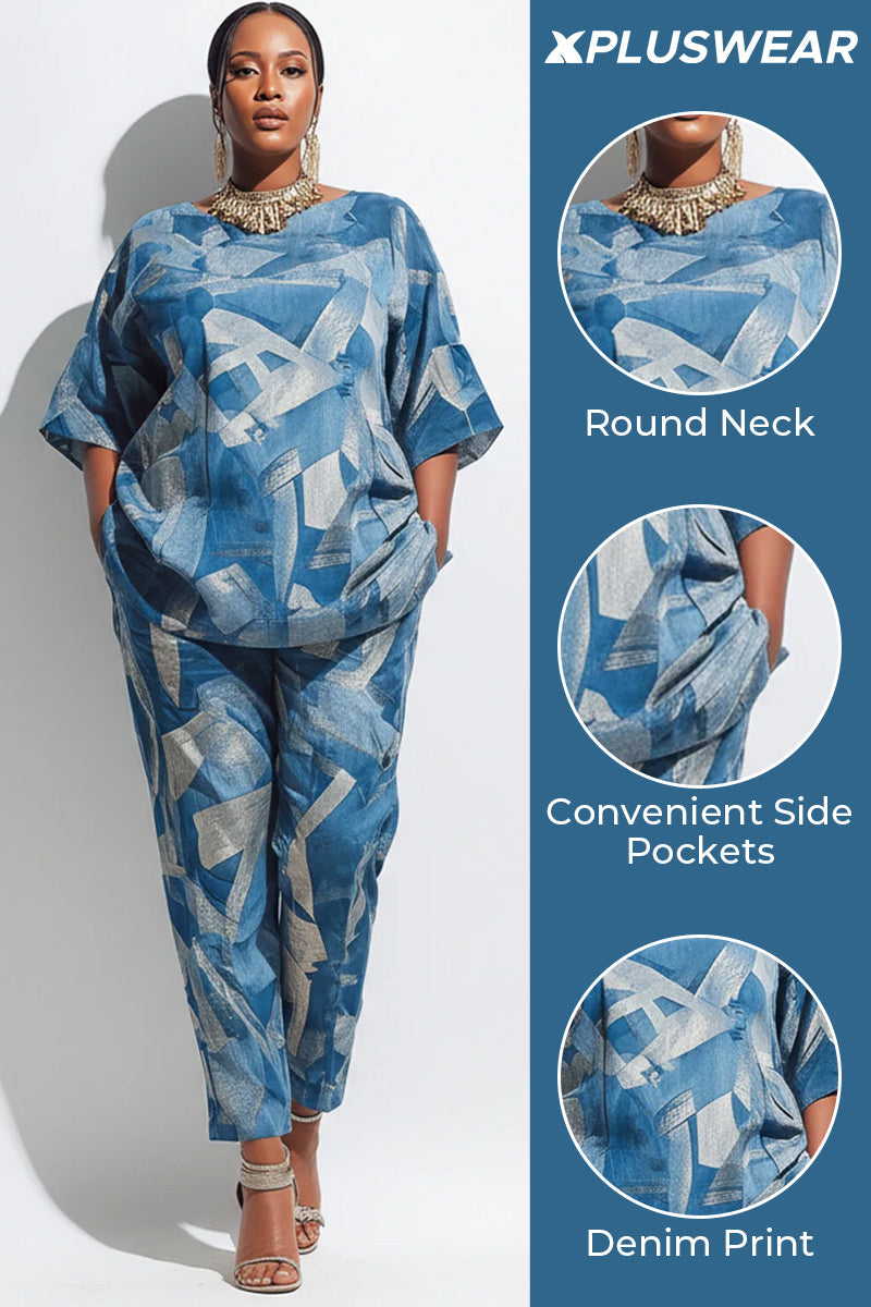 Xpluswear Design Plus Size Daily Blue Denim Print Round Neck Short Sleeve Pocket Two Piece Pant Sets