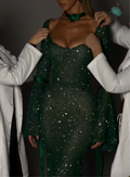 Emerald Green Sparkly Sequin Mermaid Maxi Evening Dress, Long Bell Sleeve Sweetheart Neck Formal Gown