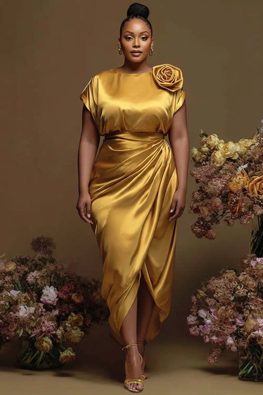 Cocktail Party Gold Round Neck Short Sleeve Fold 3D Satin Maxi Dresses