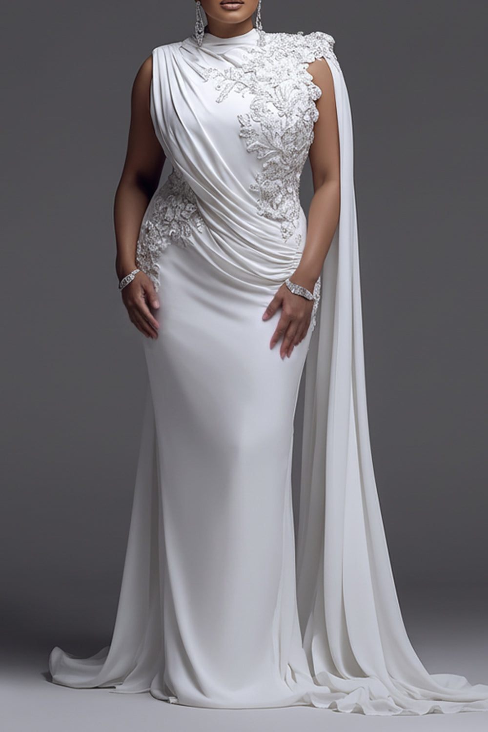 Wedding Lace White Round Neck Cape Sleeve Fold Chiffon Maxi Dresses
