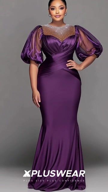 Organza Purple Round Neck Puff Sleeve Short Sleeve Drilling See Through Satin Maxi Dresses