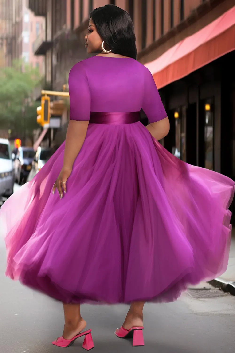 Prom Elegant Purple Spring Summer Wrap Neck Short Sleeve Contrast Tulle Midi Dresses