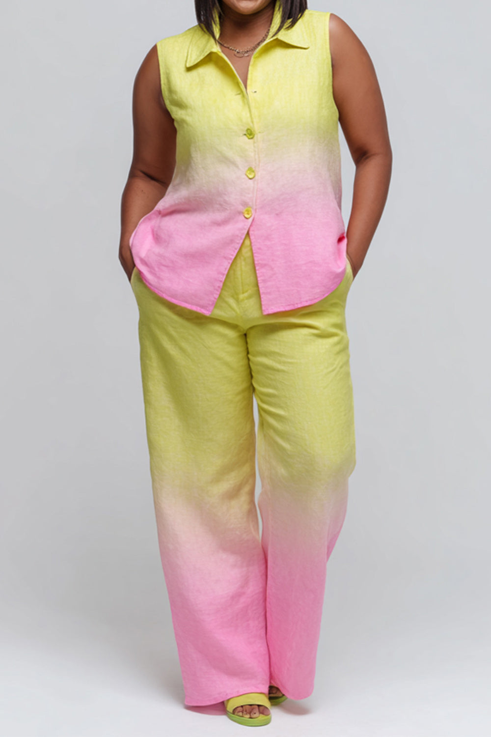 Business Casual Multicolor Gradient Shirt Collar Pocket Linen Two Piece Pant Sets