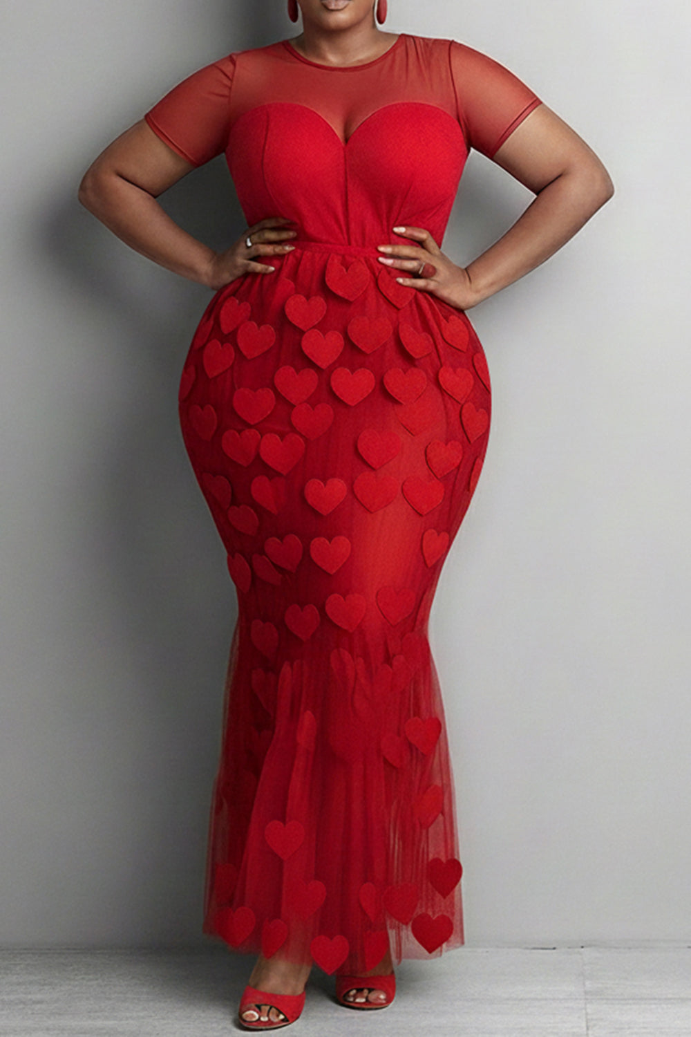 Valentines Red Graphic Round Neck Short Sleeve See Through Mermaid Tulle Maxi Dresses
