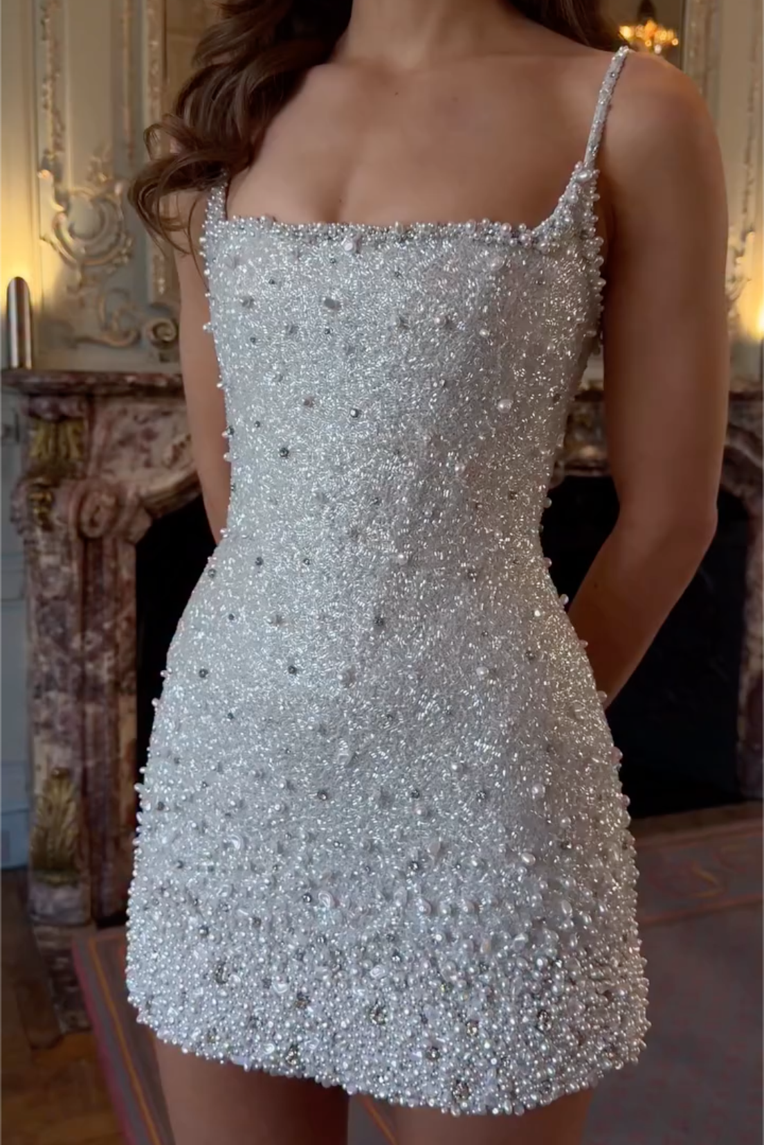 Silver Square Neck Pearl & Crystal Embellished Mini Dress - Spaghetti Strap Formal Cocktail Gown
