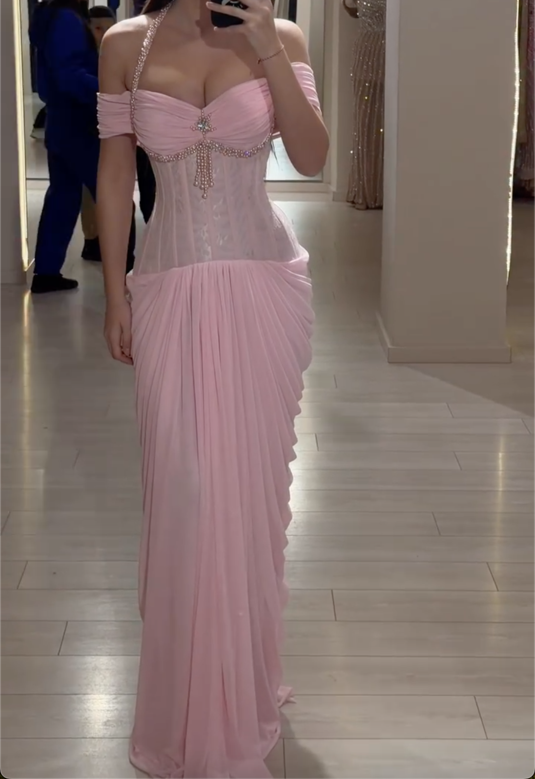 Pink Halter Off-Shoulder Maxi Dress with Rhinestone Embellishments & Corset Bodice