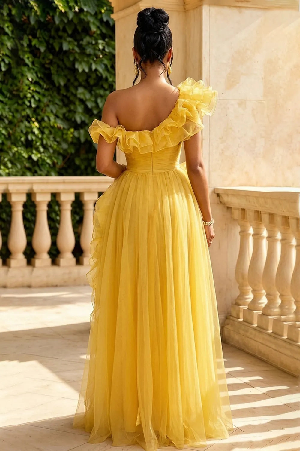 Frilled Trim One Shoulder High Slit Gowns Maxi Dresses-Yellow [Pre Order]