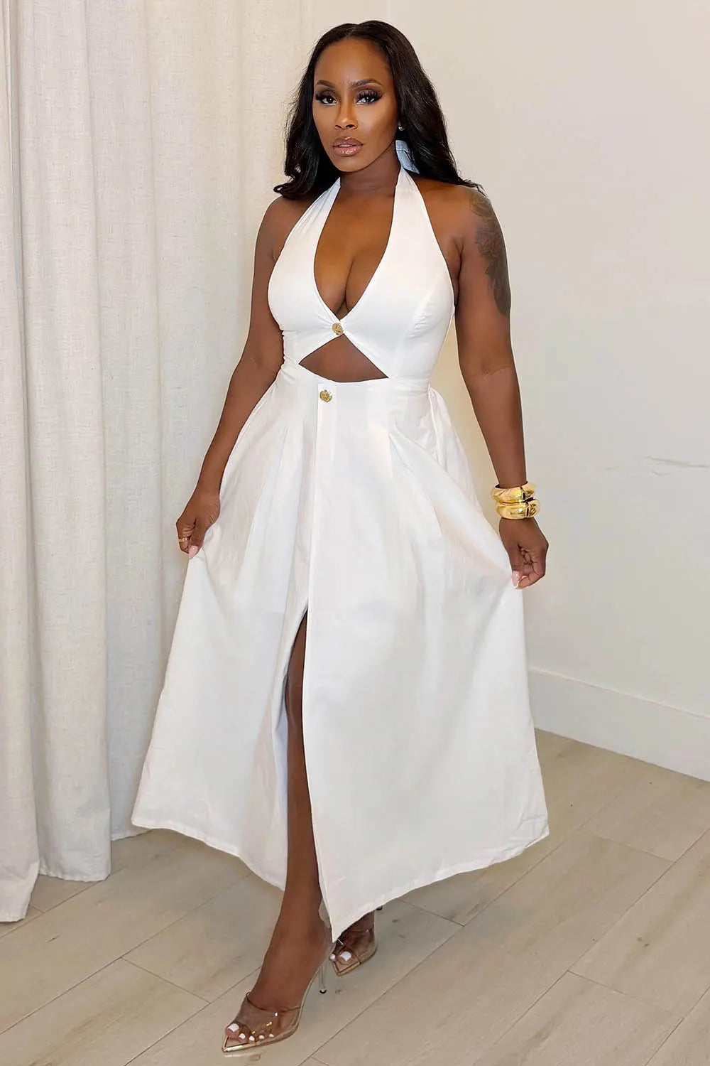 Halter Backless Cut Out Slit A-Line Casual Maxi Dresses-White [Pre Order]