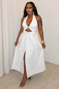 Halter Backless Cut Out Slit A-Line Casual Maxi Dresses-White [Pre Order]