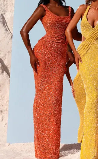 Orange Sequin Cowl Neck Ruched Maxi Dress