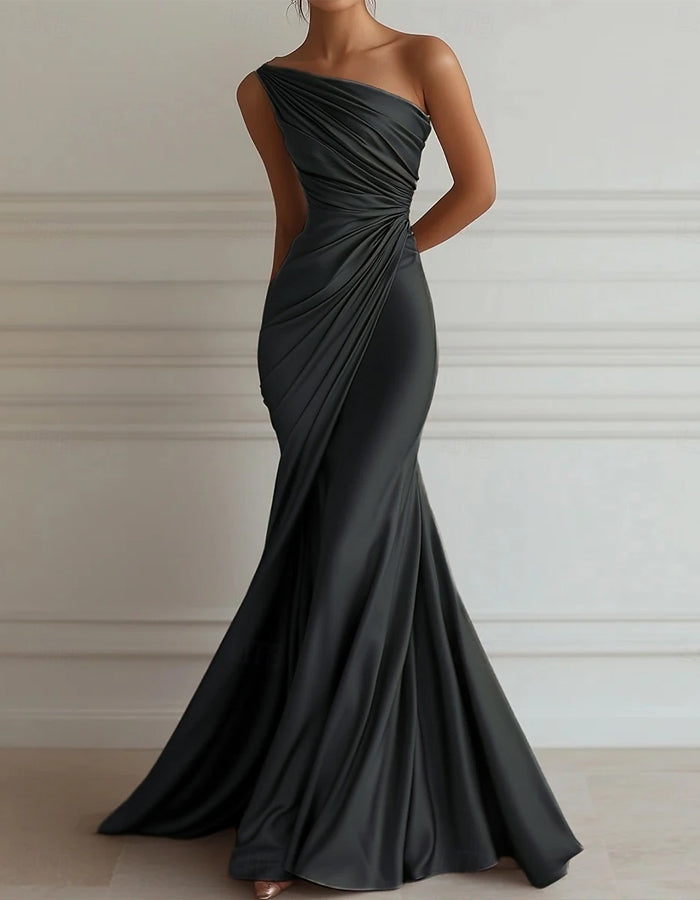 One-shoulder Stretch Satin Pleats Maxi Dress