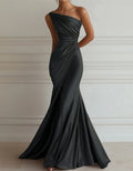 One-shoulder Stretch Satin Pleats Maxi Dress