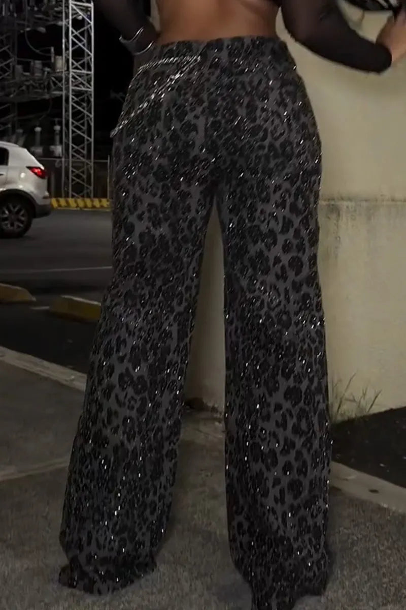 Lady's Leopard Print Rhinestone Jeans