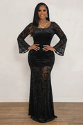 Floral Flocking Square Neck Flare Sleeve Slim Gowns Maxi Dresses-Black
