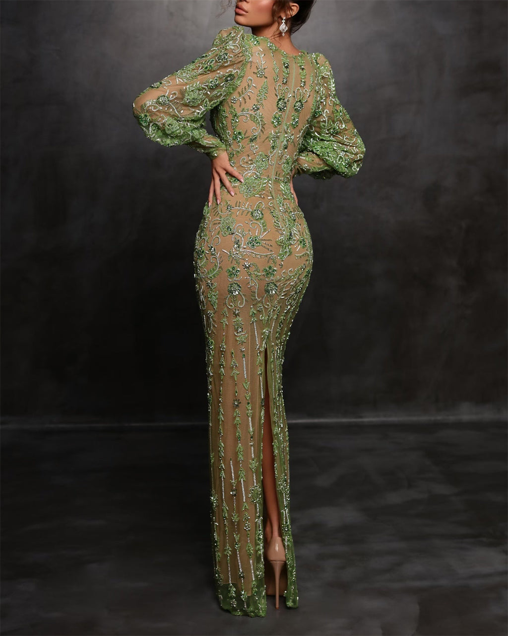 Emerald Green Sheer Embellished Deep V Maxi Gown – Luxury Evening Statement Dress