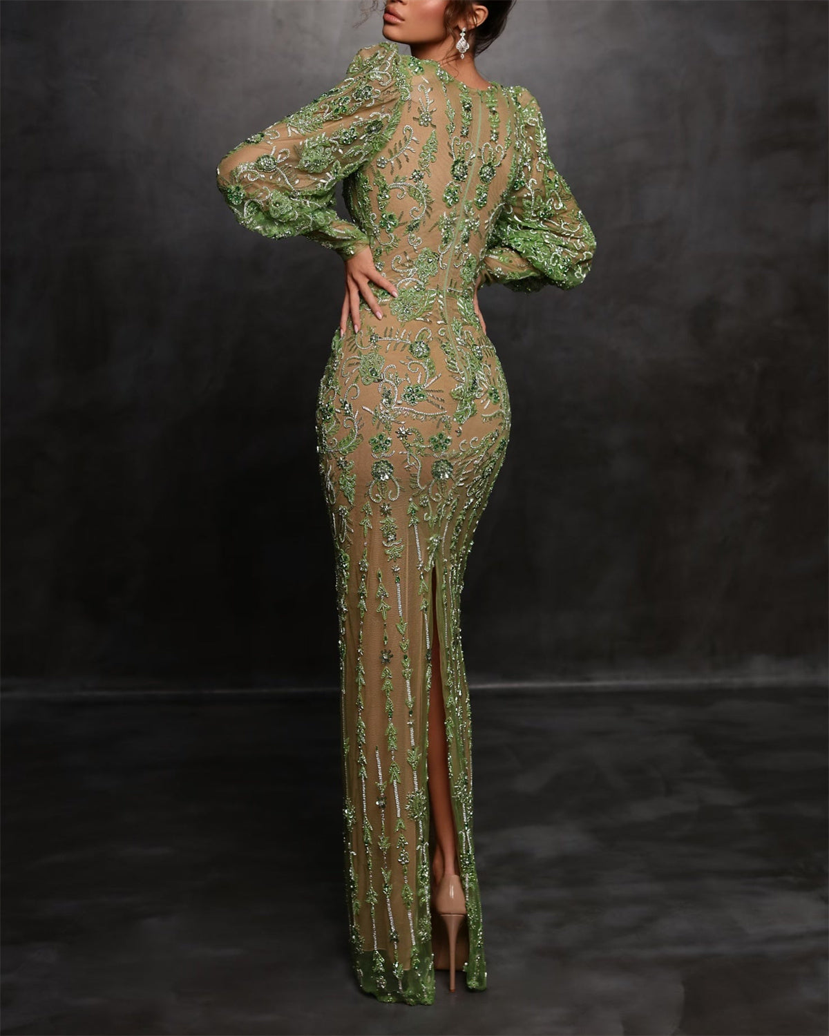 Emerald Green Sheer Embellished Deep V Maxi Gown – Luxury Evening Statement Dress