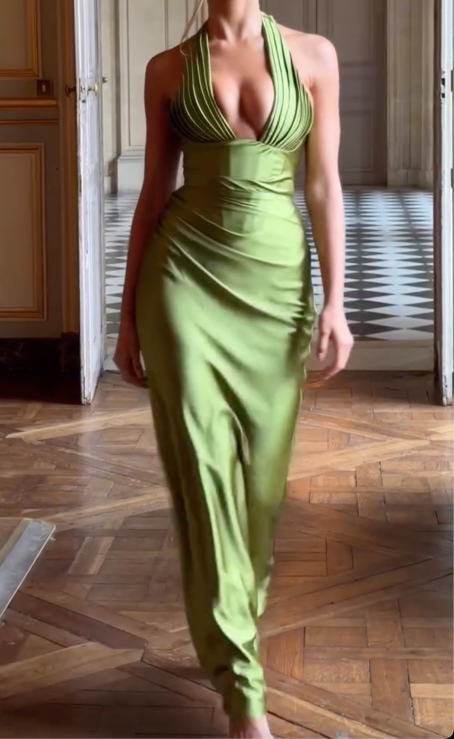 Olive Green Satin Halter Maxi Dress with Deep V Pleated Bodice & Lace-Up Back