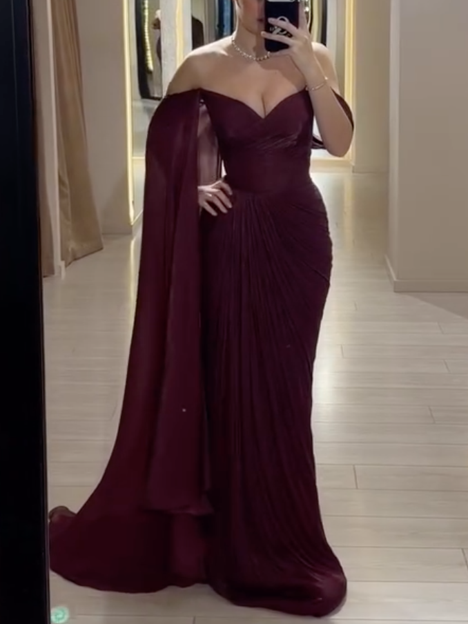 Burgundy Off-the-Shoulder Pleated Maxi Dress - Sweetheart Neck Formal Evening Gown with Cape