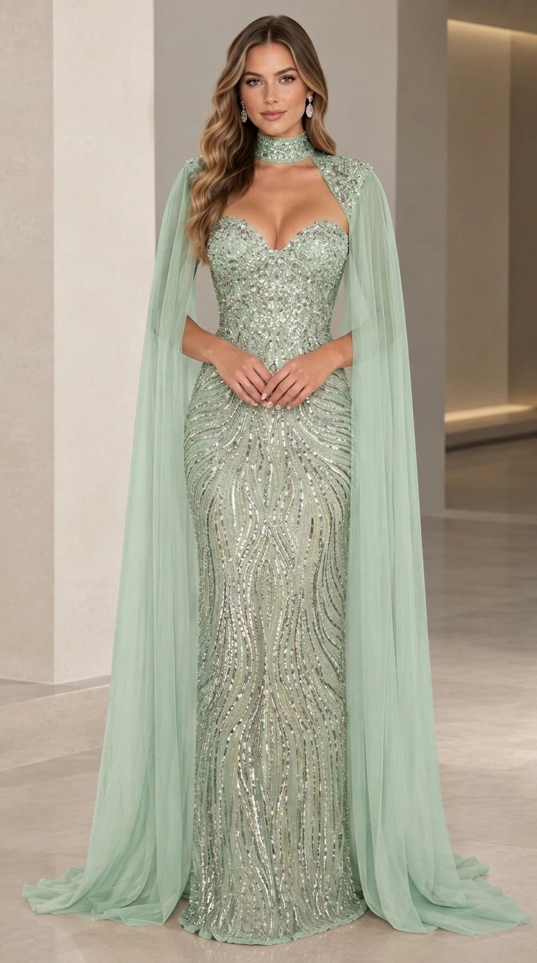 Sequined Sweetheart Evening Gown with Sheer Floor-Length Cape