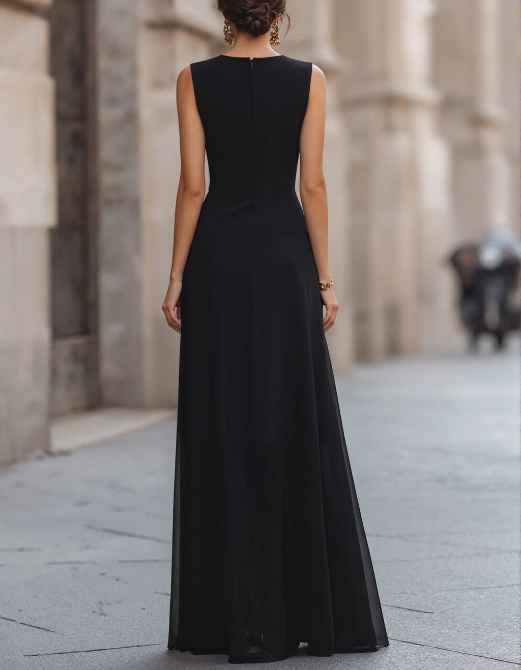 Pure Black Chiffon Round Neck Sleeveless Fitted Waist Slit Maxi Dress