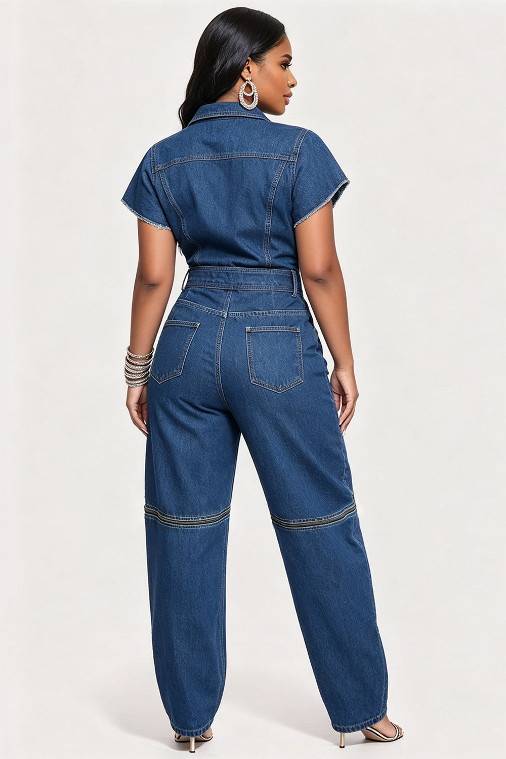 Xpluswear Design Plus Size Party Blue Shirt Collar Short Sleeve Zipper Drilling Denim Jumpsuits