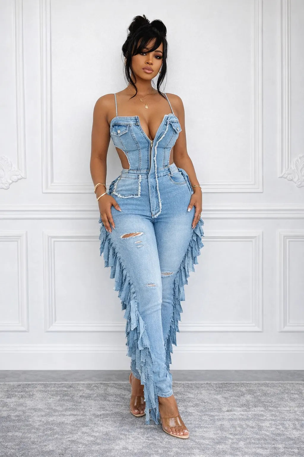 Womens Strappy Patchwork Sexy Casual Denim Jumpsuit