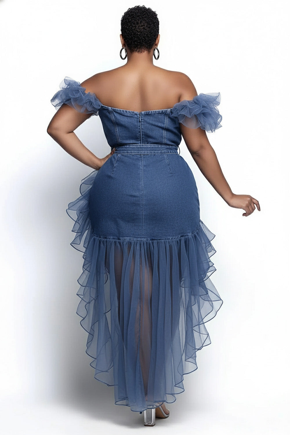 Xpluswear Design Plus Size Party Blue Off The Shoulder Contrast Split Tencel Denim Midi Dresses