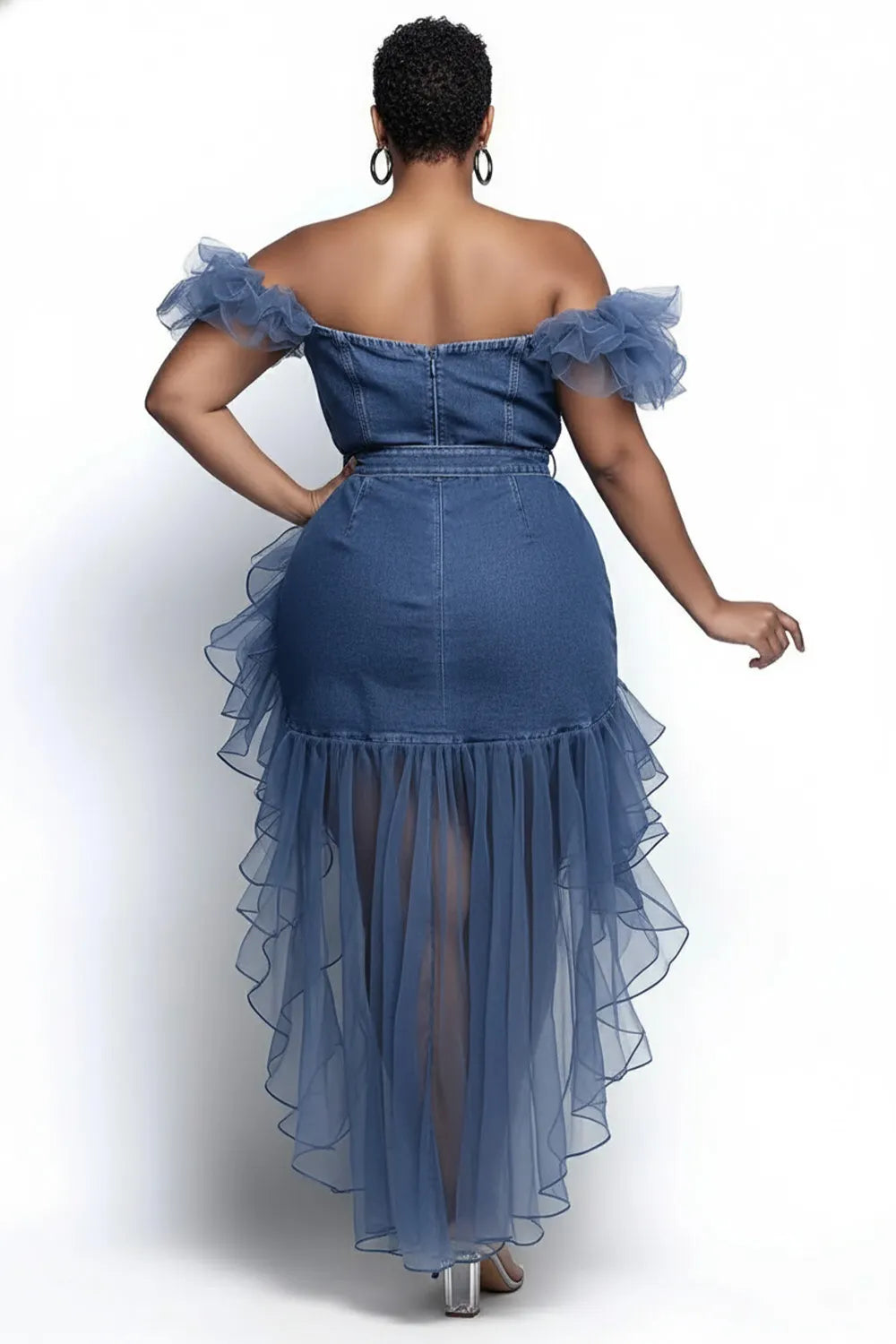 Party Blue Off The Shoulder Contrast Split Tencel Denim Midi Dresses